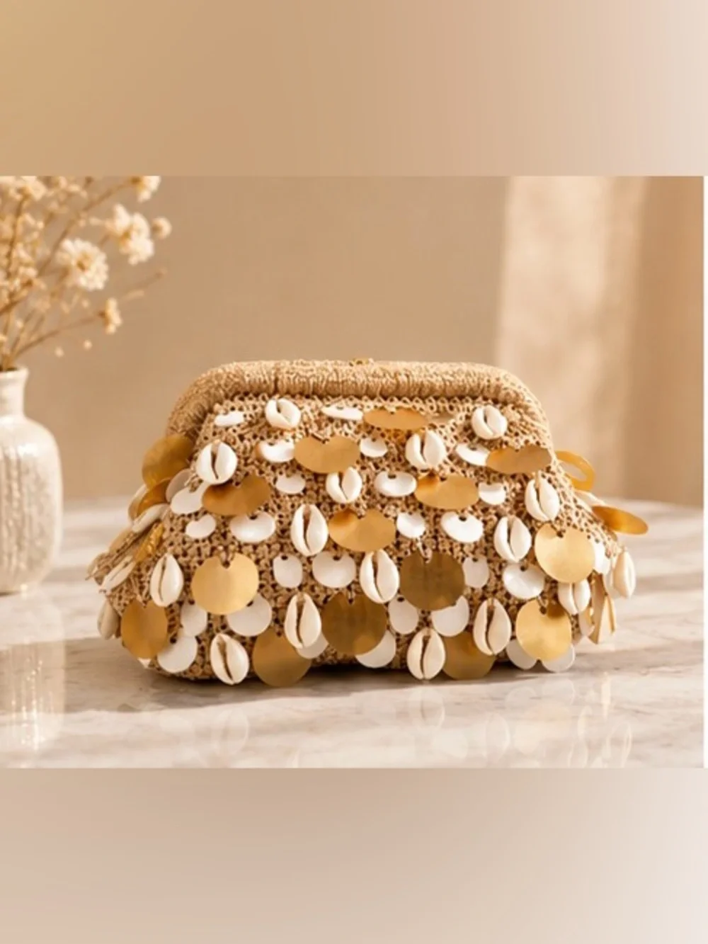 Boho Shell & Gold Sequin Handwoven Clutch Bag | Beach Vacation Evening Purse